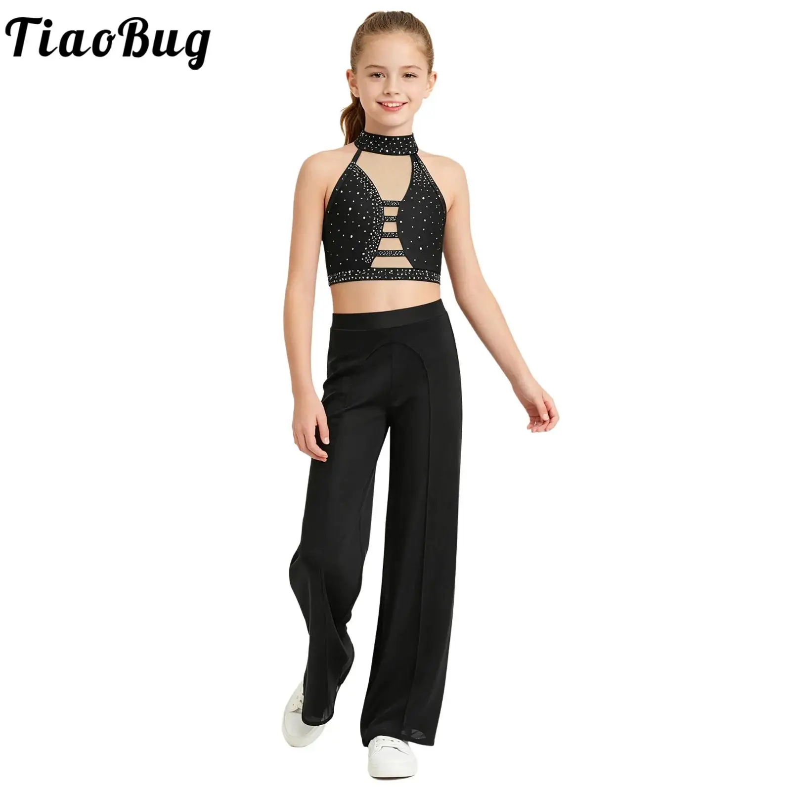 Teen Girls Lyrical Jazz Modern Dance Costume Halter Sleeveless Shiny Rhinestones Mesh Crop Top with Pants for Ballet Gymnastics