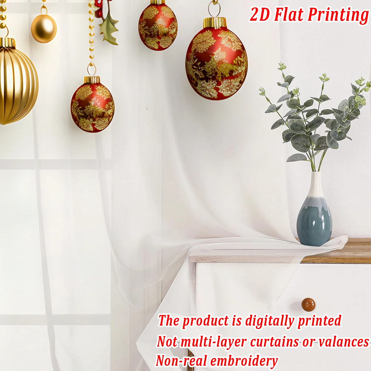 ستارة شفافة مطبوعة مسطحة لعيد الميلاد مع حلي عيد الميلاد، بونسيتة، توت هولي، لديكور نوافذ باب المنزل لعيد الميلاد
