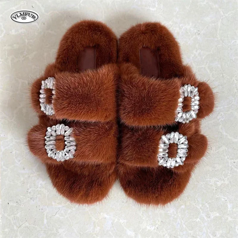 2024 New Women Fur Slippers Shoes Women Warm Winter Crystal Fur Shoes For Women Slippers Casual Plush Comfortable Mink Slippers