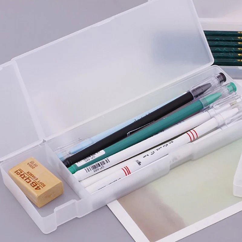 マット透明プラスチックボックス、つや消しピンク、グリーン、ホワイト、ペン収納、事務用品、シンプルな鉛筆ケース、1個