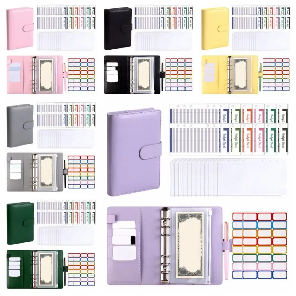 Quaderno A6 per budget in contanti Pulsante magnetico Quaderno a fogli mobili color macaron con etichette indice Righello bobina Cartella in pelle PU Ufficio