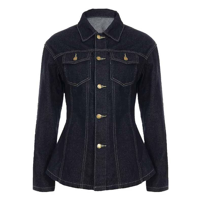 

Women Denim Coats Solid Jackets Pocket Turn Down Collar Long Sleeve Single Breasted Waist Cinching Streetwear Casual 2025 Autumn