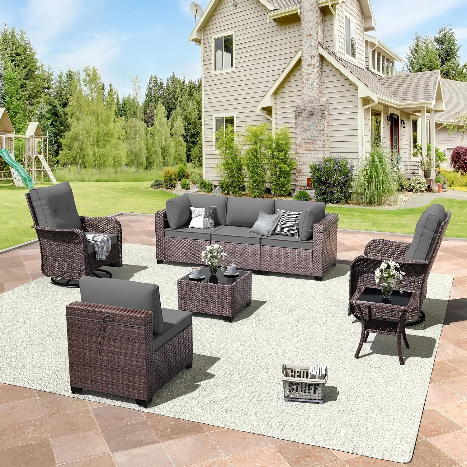 8-Piece Wicker Patio Set with 2 Swivel Chairs, Outdoor Sectional Sofa, Coffee Table & Washable Cushions, Grey, Customized