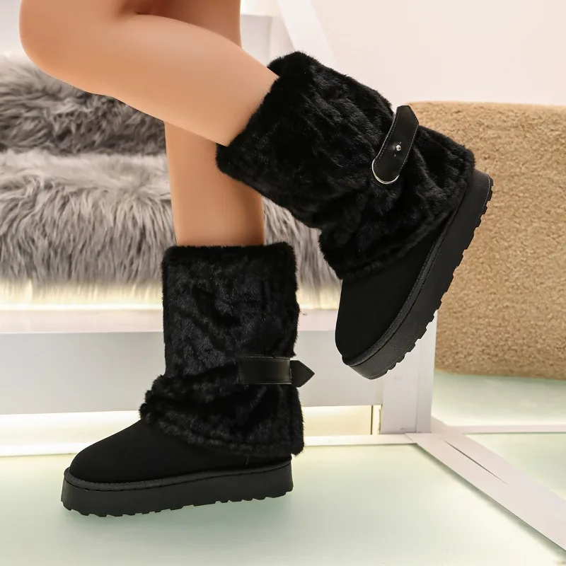 Winter Fashion Knitted Ribbed Cuff Thick Soled Women's Snow Boots 2026 New Fleece Lined Round Toe Comfort Warm Casual Women Shoe view 6