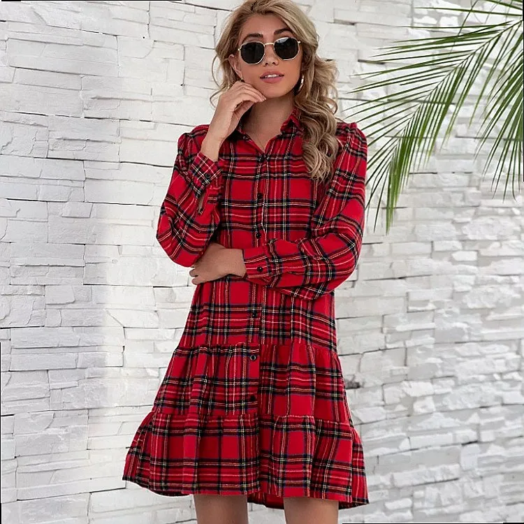 Women's Spring Summer Checkered Long Sleeve Dress Shirt Blouse Top Single Breasted Overall Jumpsuit Playsuit