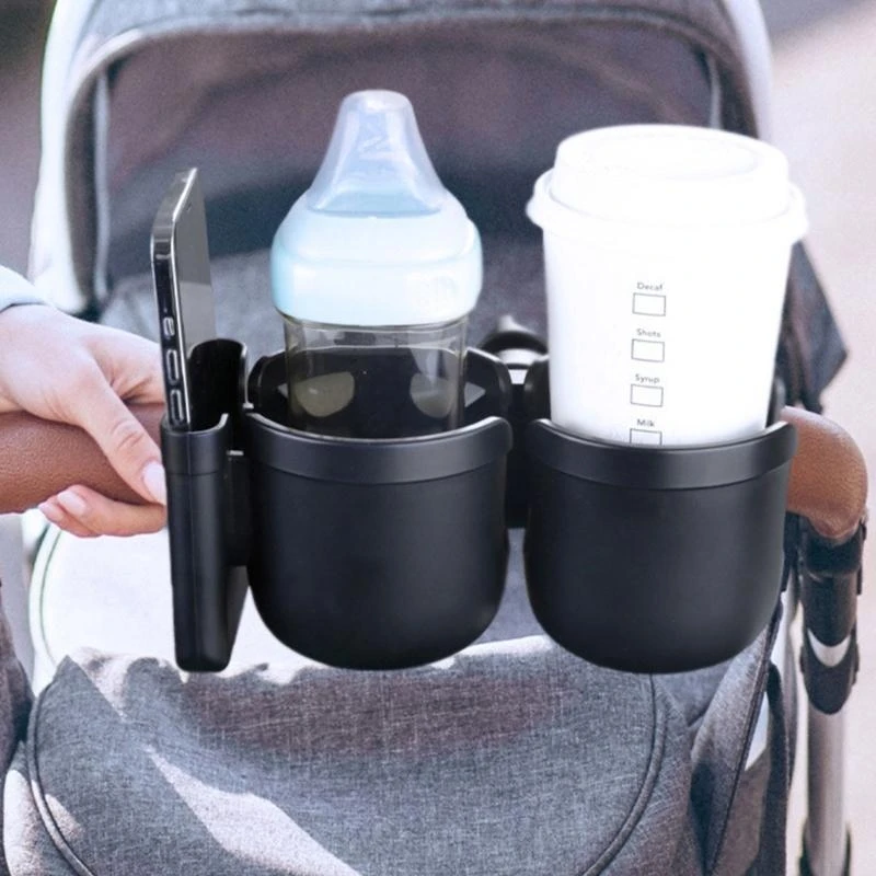 J15U Pushchair Beverage Holder 360° Rotation Double Bottle Organiser with Cellphone Holder for Stroller Wheelchair Walker