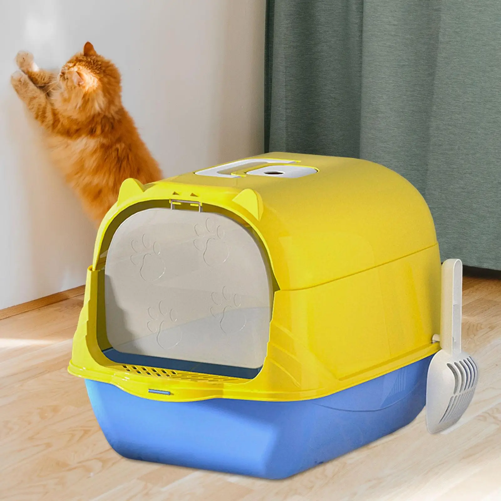 Hooded Cat Litter Box Fully Enclosed Cat Toilet with Handle Litter Pan Durable