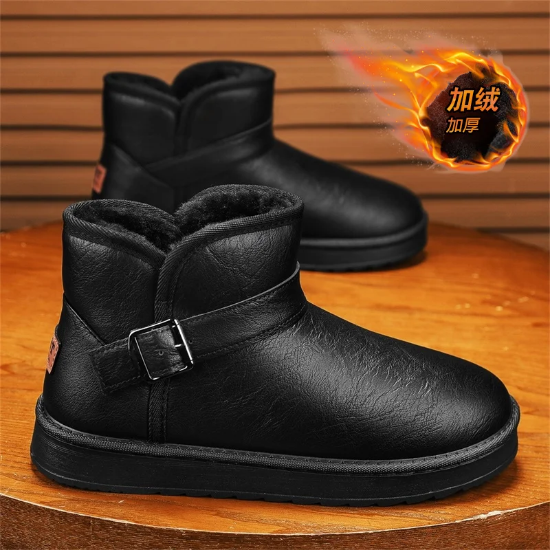 

Winter Fleece Short Warm New Flat-bottomed Outdoor Wear Solid-color Leather Mountaineering Men's Plus-size Snow Boots