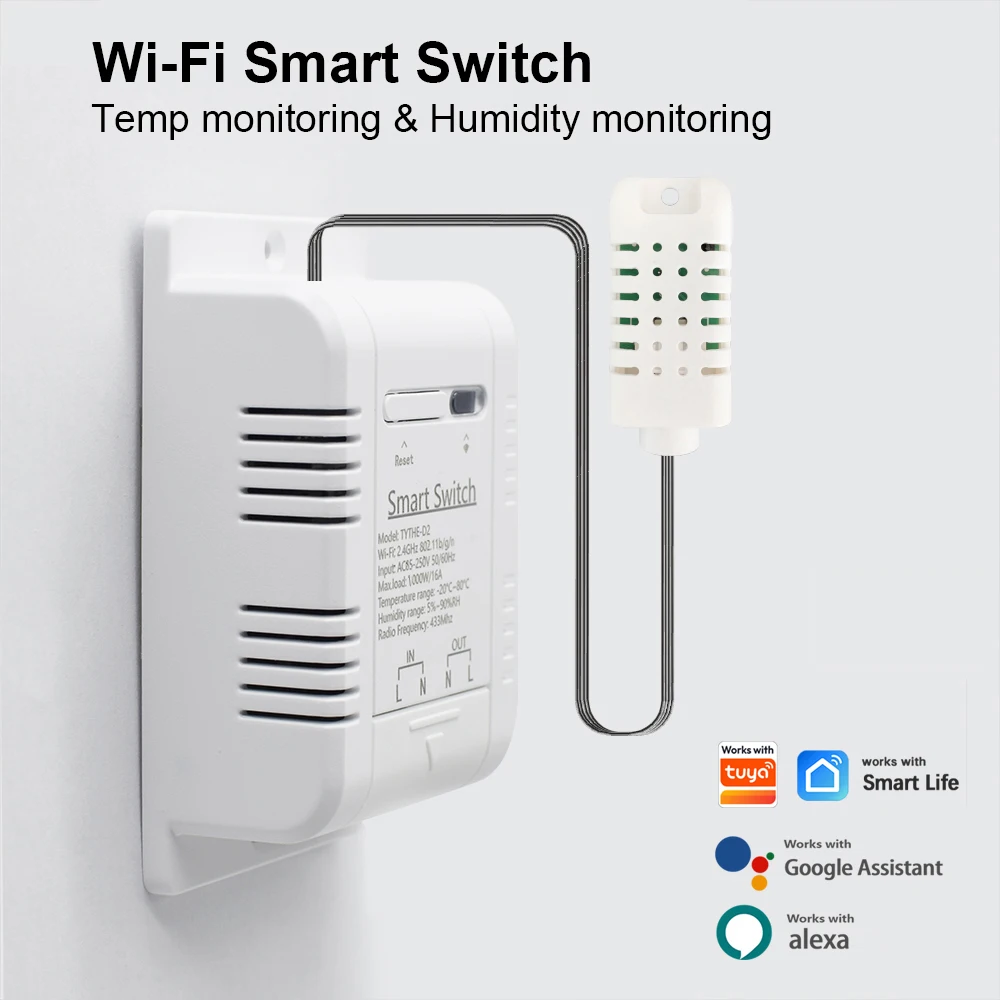 

16A 1000W WiFi Temperature Humidity Sensor Switch Smart Power Monitor Controller Work with Tuya Alexa