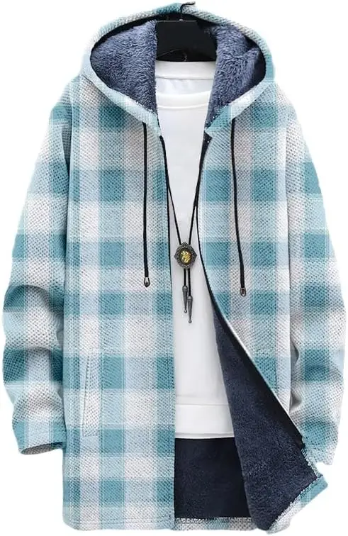 Men's Plaid Cardigan Oversized Zip Up Hoodie Fleece Lined Zipper Sherpa Winter Comfy Jacket Coats with Pockets