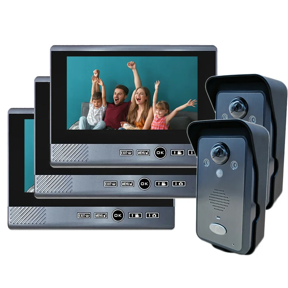 

2 Cameras 3 Screens Wireless 7''Touch Key Screen Video Door Phone Intercom Access Control System 2.4GHz Doorbell Night Vision