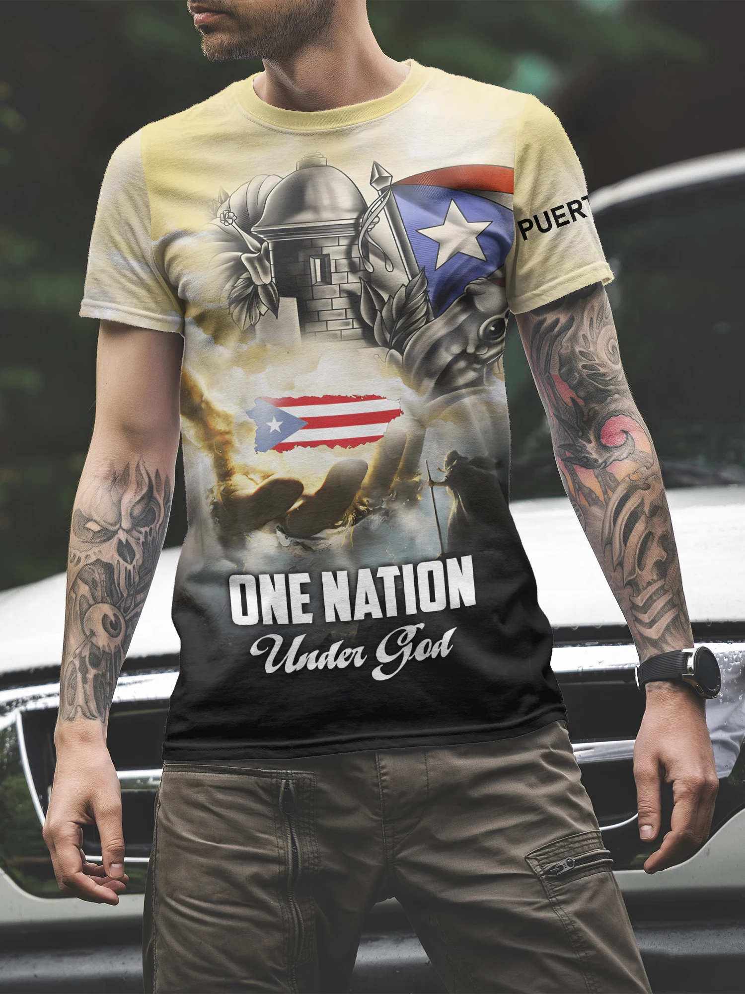 

Men's Short-Sleeve Tee – Puerto Rico One Nation Graphic, Yellow to Black Ombre, Perfect for Cultural Events & Faith Enthusiasts