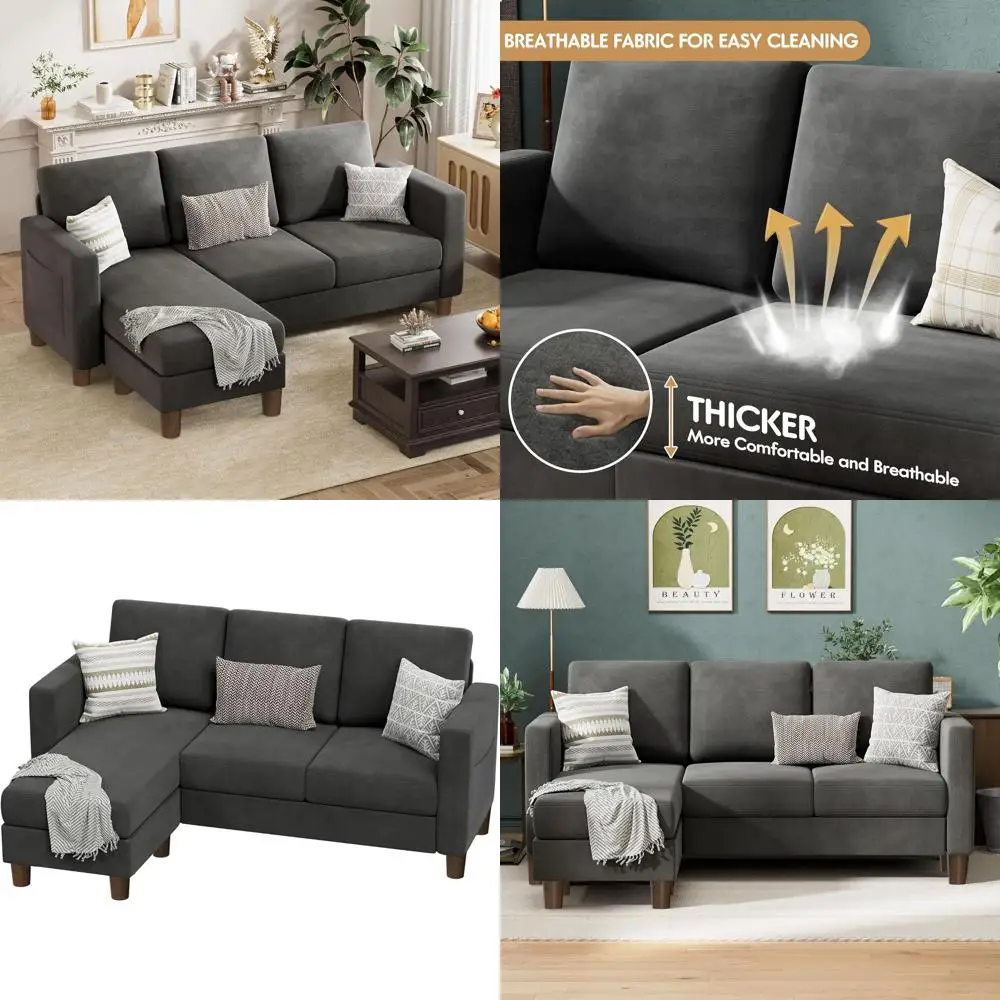 

Трехместный L-образный диван из льняной ткани с оттоманкой, подходит для гостиной и офиса (серый хаки)