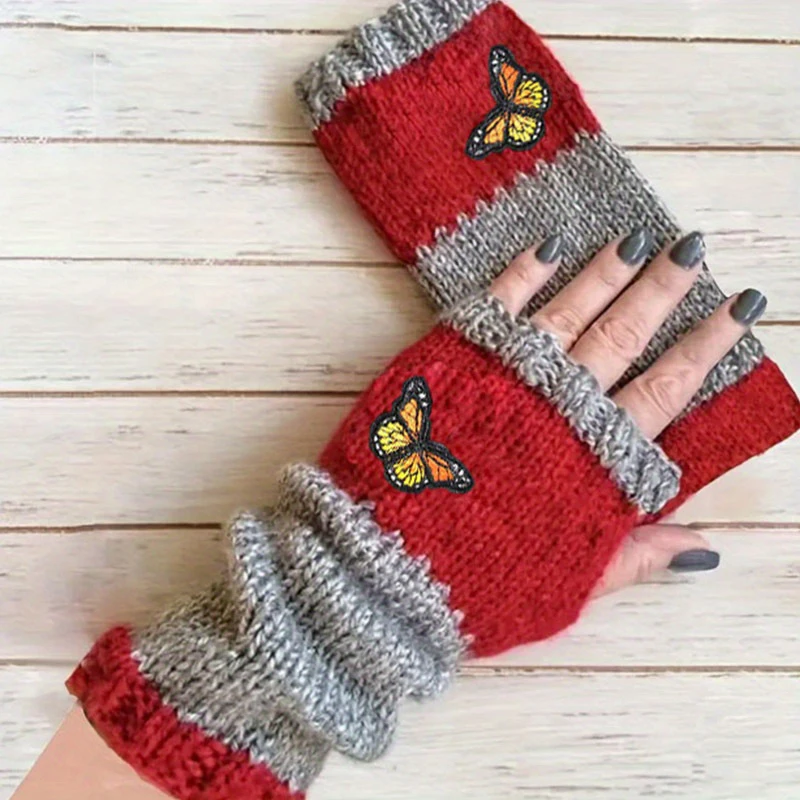 Retro Knitted Gloves For Women Butterfly Embroidery Pattern Wool Knitted Fingerless Mittens Girls Winter Gloves Christmas Gift