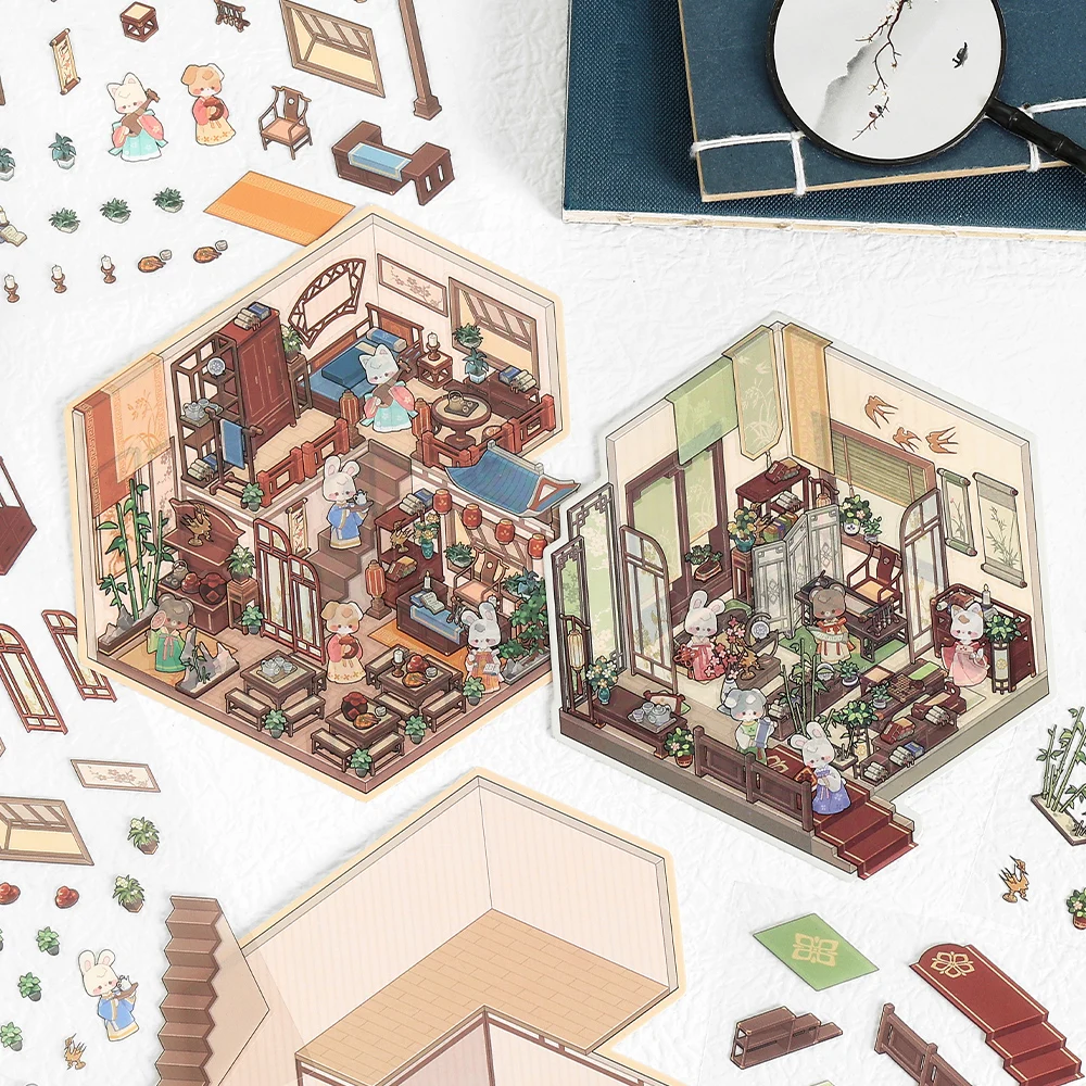 Paket Stiker Adegan 3D Mini Stiker Adegan Belajar Kolam Halaman Tiongkok Retro Hewan Kartun Kawill Stiker Adegan DIY