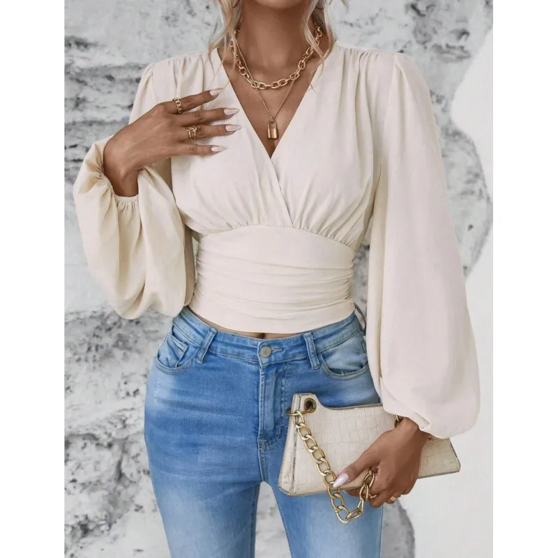 Elegant Lantern Sleeves Crop Top 2024 Spring Autumn New Fashion V-neck Solid Ruffled Women\'s Long Sleeved Streetwear Blouse Y2K