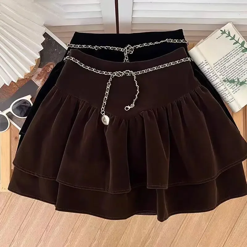 

Thicked Women Skirt Fall Winter Clothes Slim Waist line Saia Fashion Chain Jupe 2025 Faldas Mujer De Moda Velvet Mini Skirts