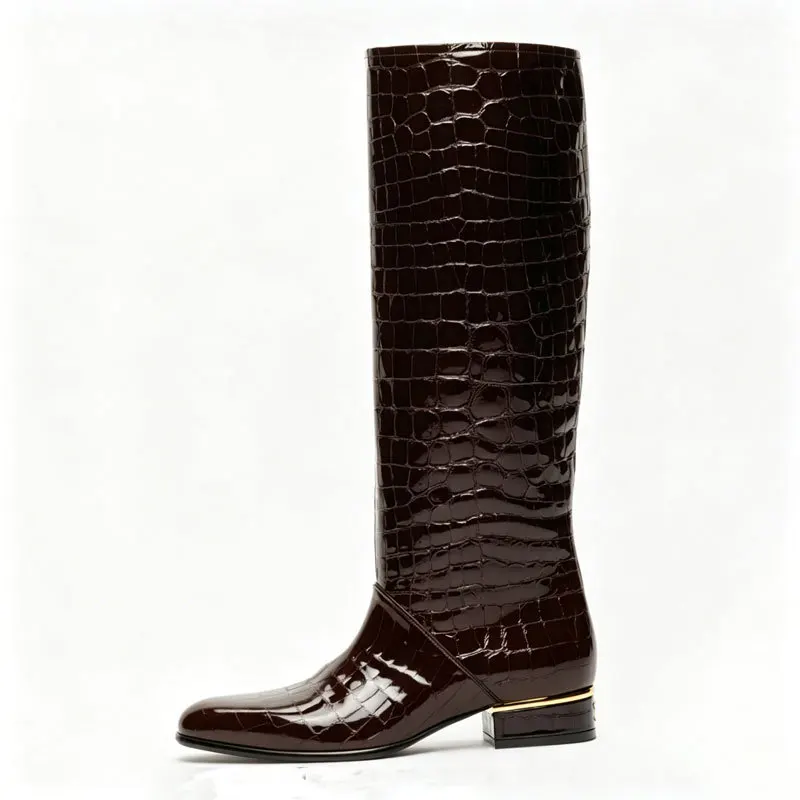 Women Black Croc Patent Leather Knee High Boots Square Toe Low Gold Block Heel Slip On Long Boots Fashion Botas Mujer