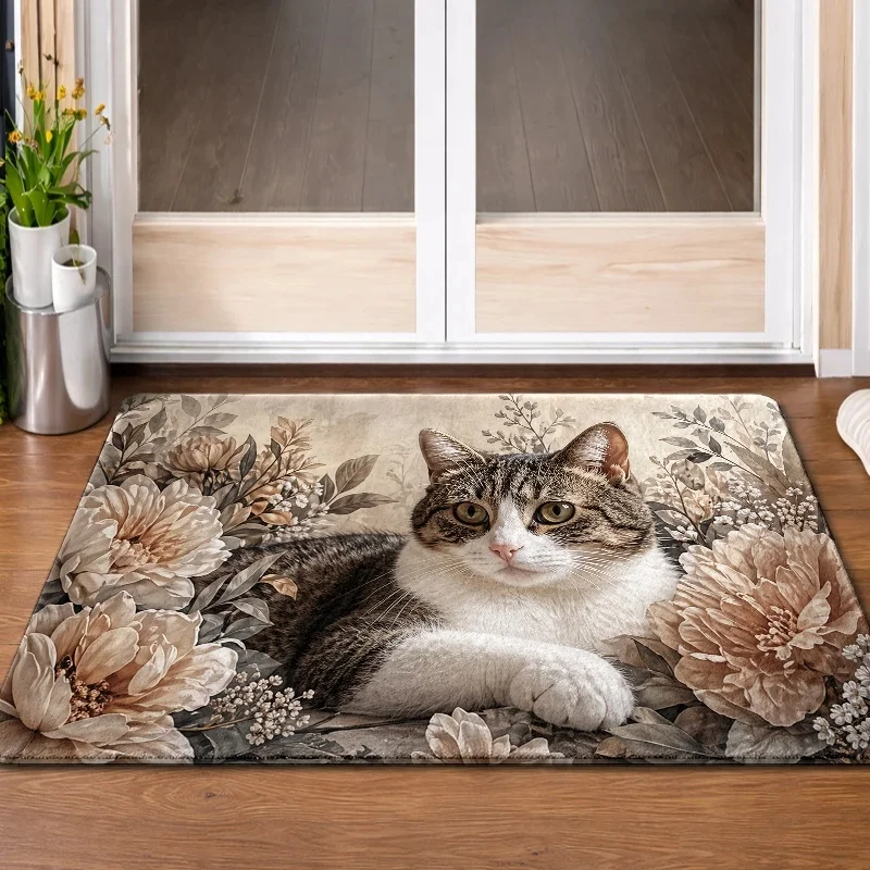 High Quality Decorative Cat Floral Print Doormat Mat for Pet Lovers Home Entrance Rug Peony Design Indoor Outdoor Welcome Mat