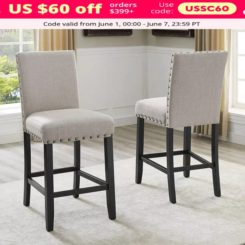 

Bar Stools, Gray Fabric Counter Height Stools with Nailhead Trim, Set of 2, Bar Stool