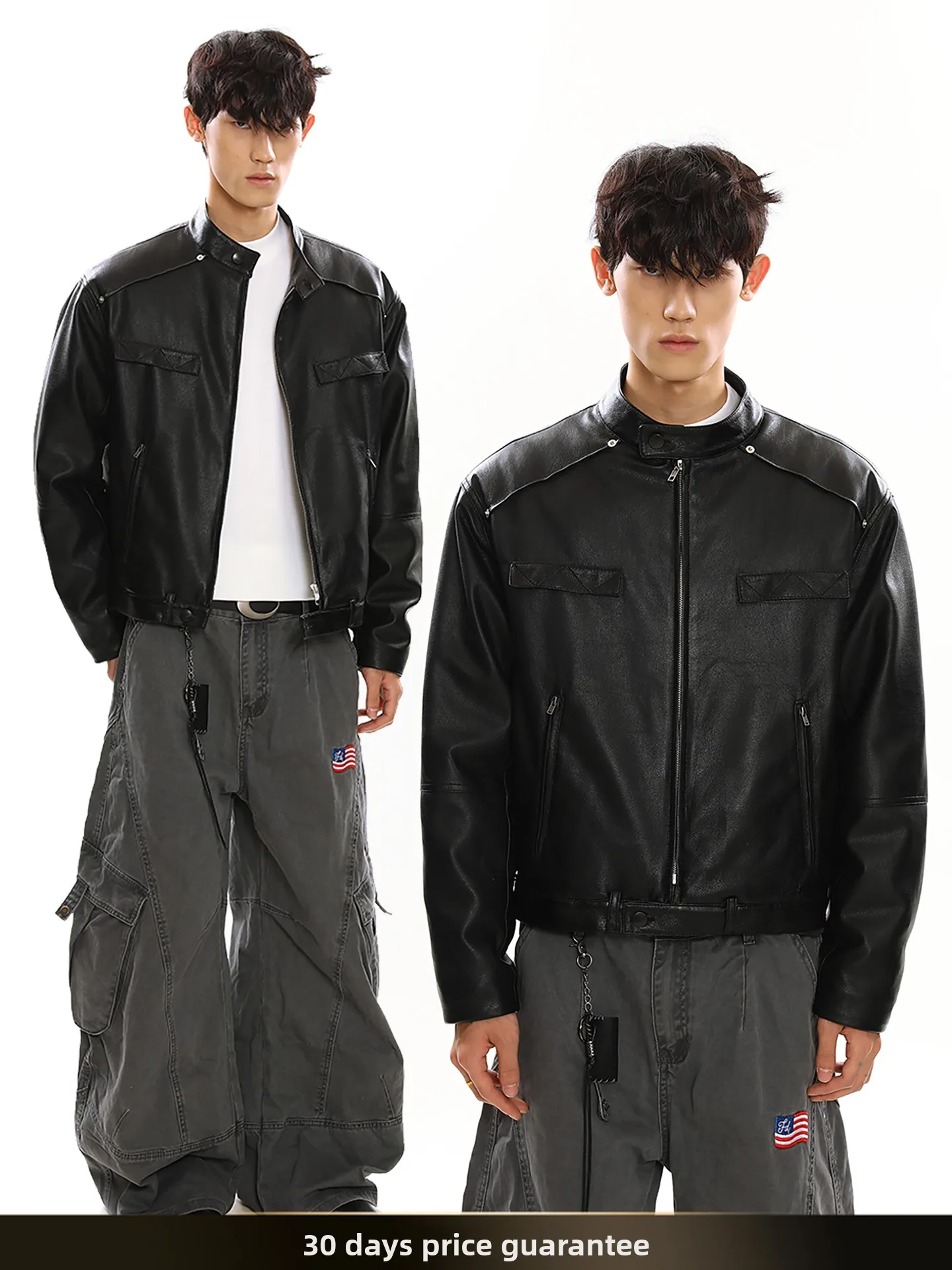 

Nted American Retro Deconstructed Patchwork PU Leather Jaet down Coat Men Winter 90 down Harlington Stand Collar ort Coat