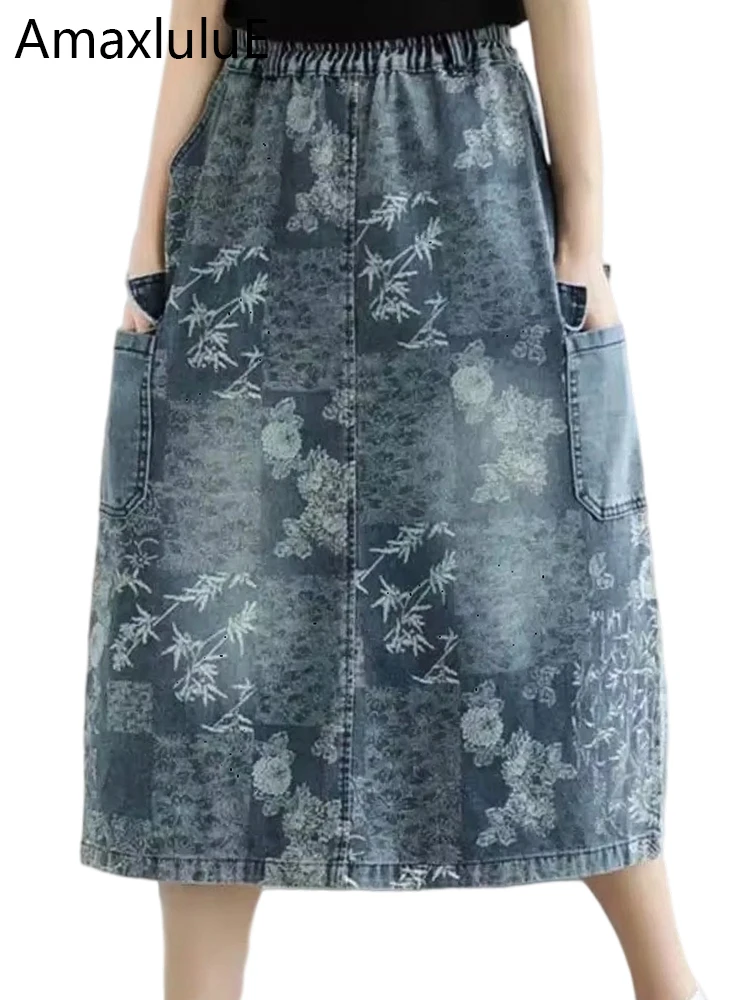 

Amax luluE 2024, летние корейские модные женские джинсовые юбки с принтом, женские эластичные свободные повседневные винтажные одежды, элегантная уличная одежда