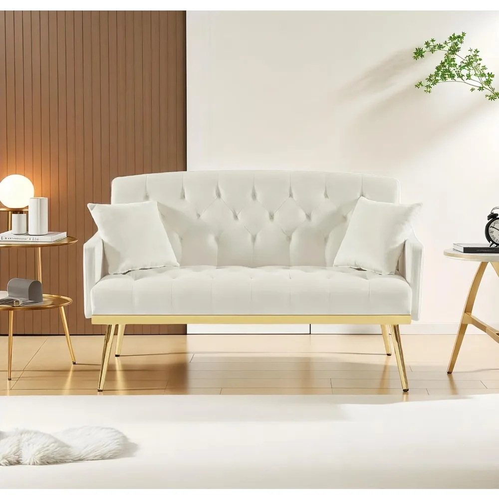 Kleines Loveseat-Sofa aus Samt mit goldenen Metallbeinen, 55 Zoll modernes Sofa mit 2 Seitentaschen, Couch mit getufteter Rückenlehne