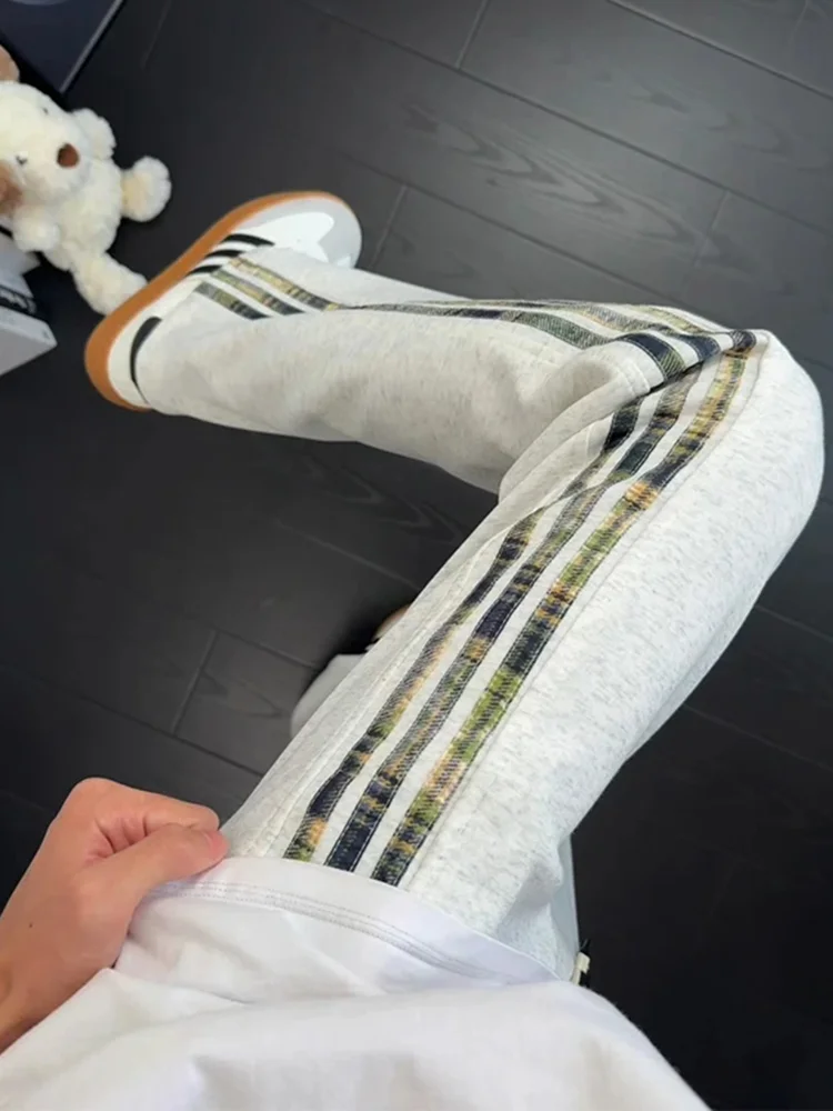 

Men's Loose Straight Leg Pants Khaki ey Camouflage Striped Sports Sweatpants Autumn American Tee Bars Bend Knife Pants