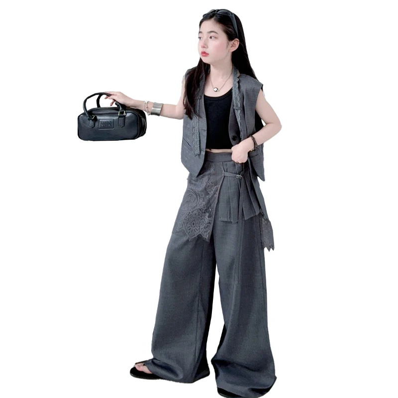 French chic gray teen girls clothes set Tie Lace patchwork suit vest+skirt wide-leg pants 2pcs junior kid suit set child outfits