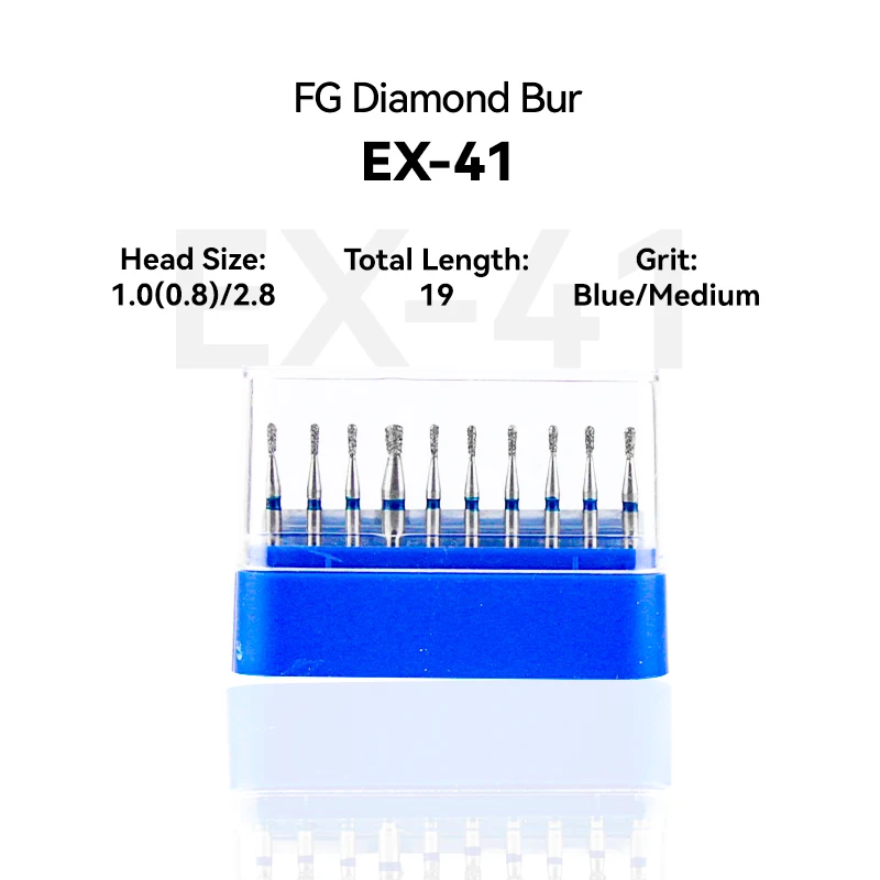 10 قطعة منتجات عيادة الأسنان EX-41 233-010 متر الماس بور FG عالية السرعة 1.0 (0.8)/2.8 19.0 مللي متر الأزرق المتوسط أدوات داخل الفم المواد