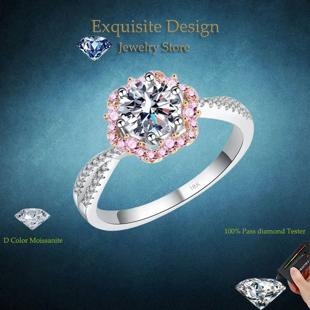 Exquisite Design Lady White Gold 18K Sakura1 Carat Moissanite Ring,  Women Advanced Sense Ring Gril Gift Party Jewelry