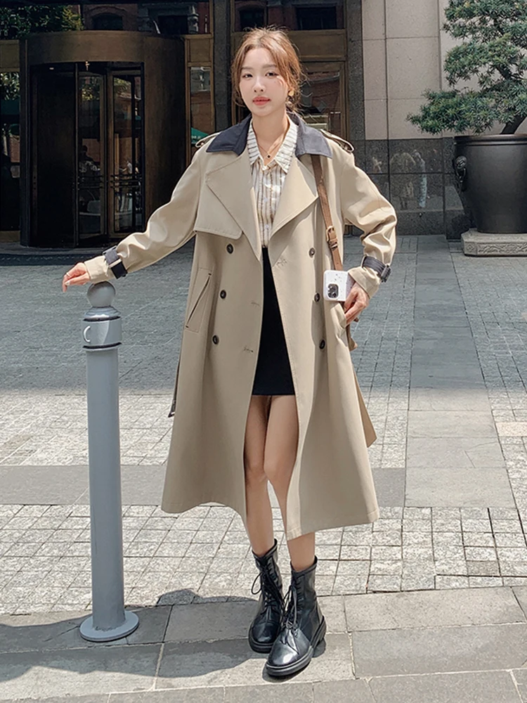 LANMREM Color Block Trench Coat For Women Lapel Double Breasted Fashion Windbreaker Female Streetwear Coat 2024 Autumn 2DA3945