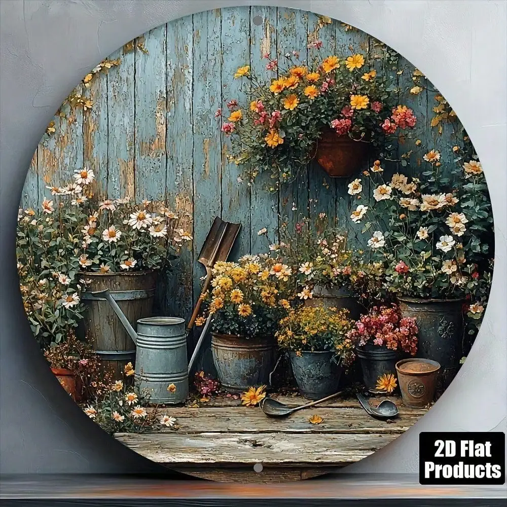 BridalVine Vintage Aluminum Wall Art, 8x8 Inch Rustic Flower Garden Round Plaque Sculpture, Home Decor