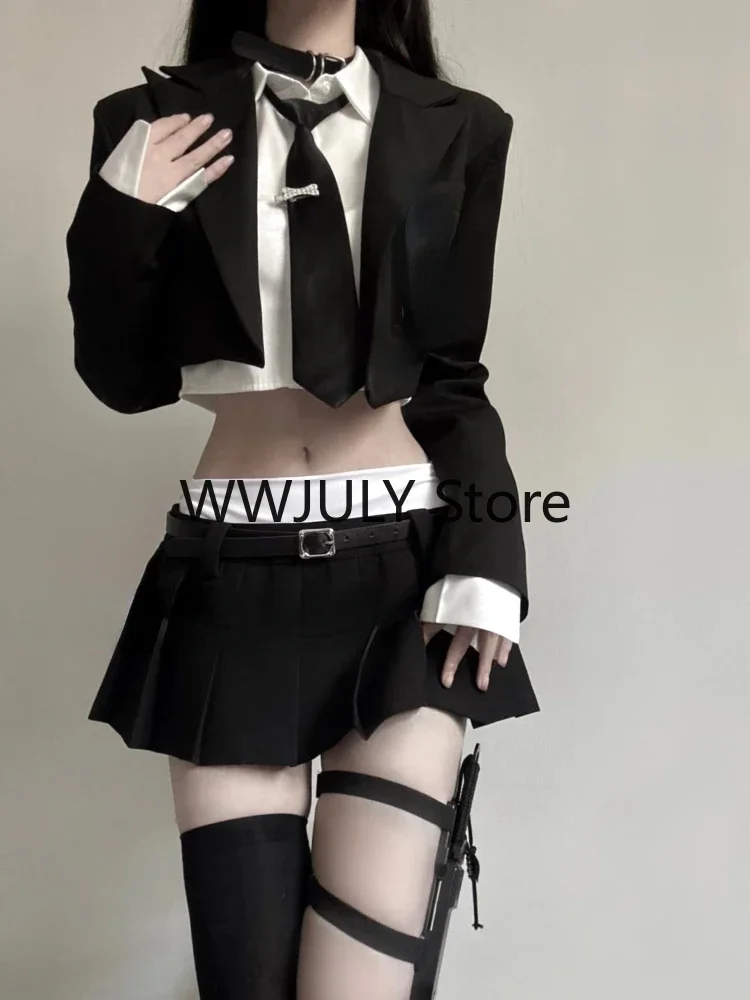 2024 Vintage 3 Piece Set Skirt Woman Black Short Blazers + Casual Shirt + Slim Mini Skirt Party Korean Fashion Suit Female Chic