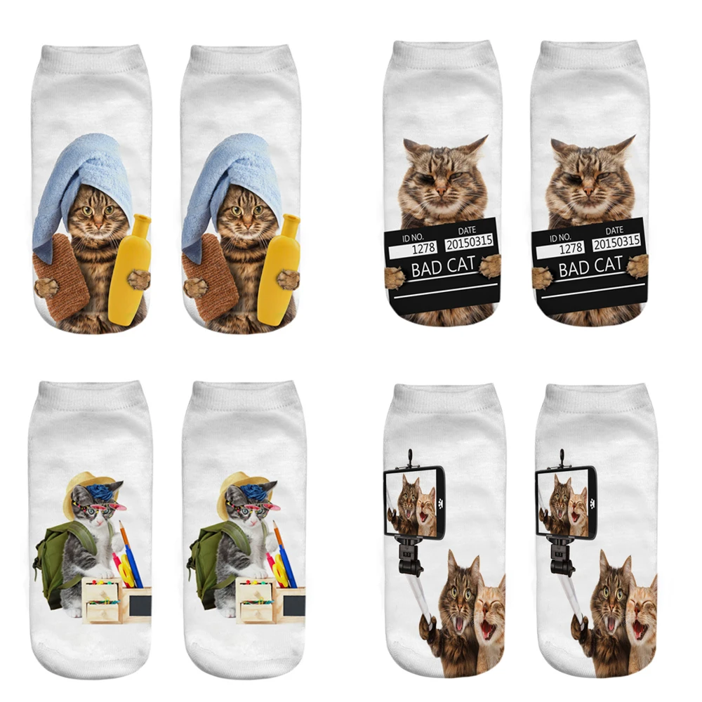 New 3D Print Cartoon Women\'s  Socks Funny Cute Cat Lovely Animal Pattern Girls Happy Low Ankle Sokken