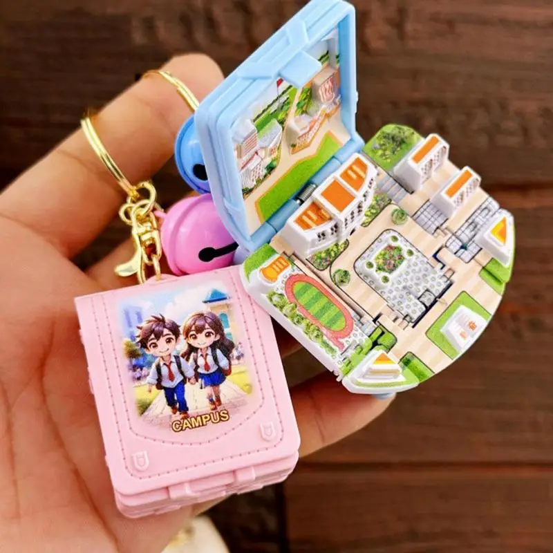 3D Folding Keychains Miniature School-Theme Book Pendant Folding Popup Book Small School Toys Key Chain For All Ages Friends