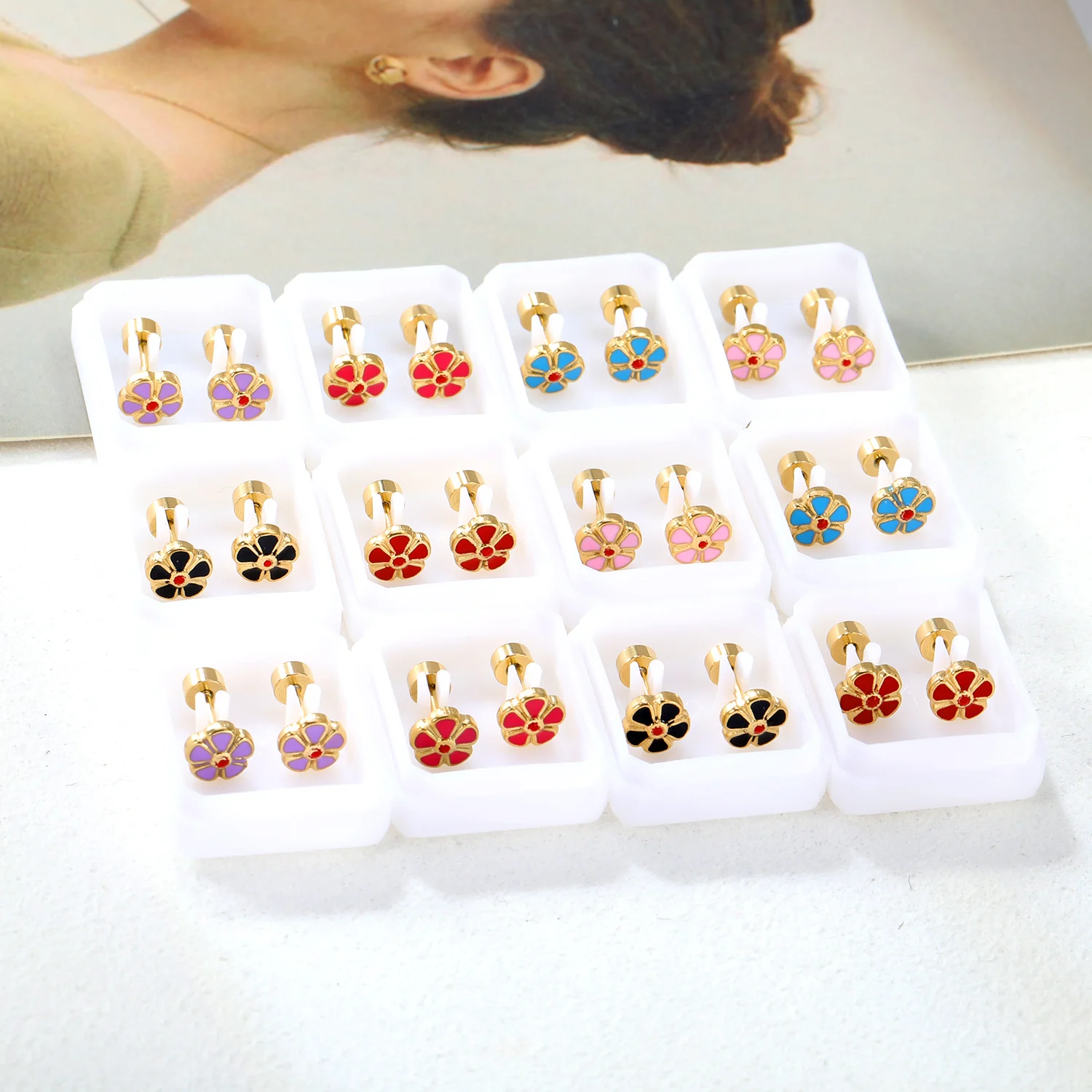 LUXUKISSKIDS Drip-Oil Colorful Dainty Flower Earrings Stud 12Pairs Wholesale Steel Stainless Twist Pack Piercing Clips for Girls