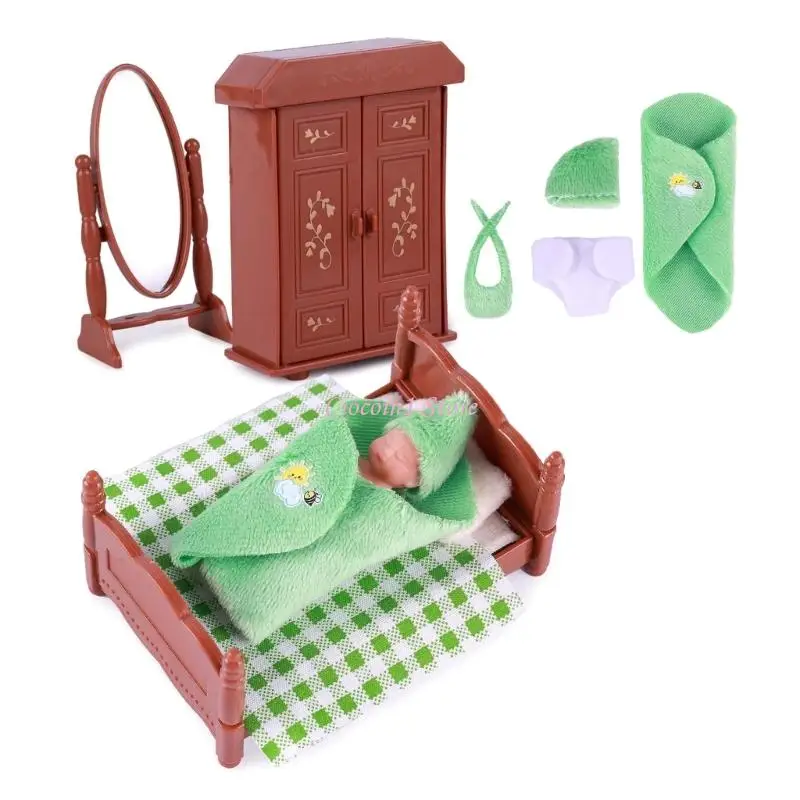 Y1ub Silicona en miniatura Reborns Baby Doll 3 pulgadas Muñecas para dormir realistas con muebles y cama para niños Juego