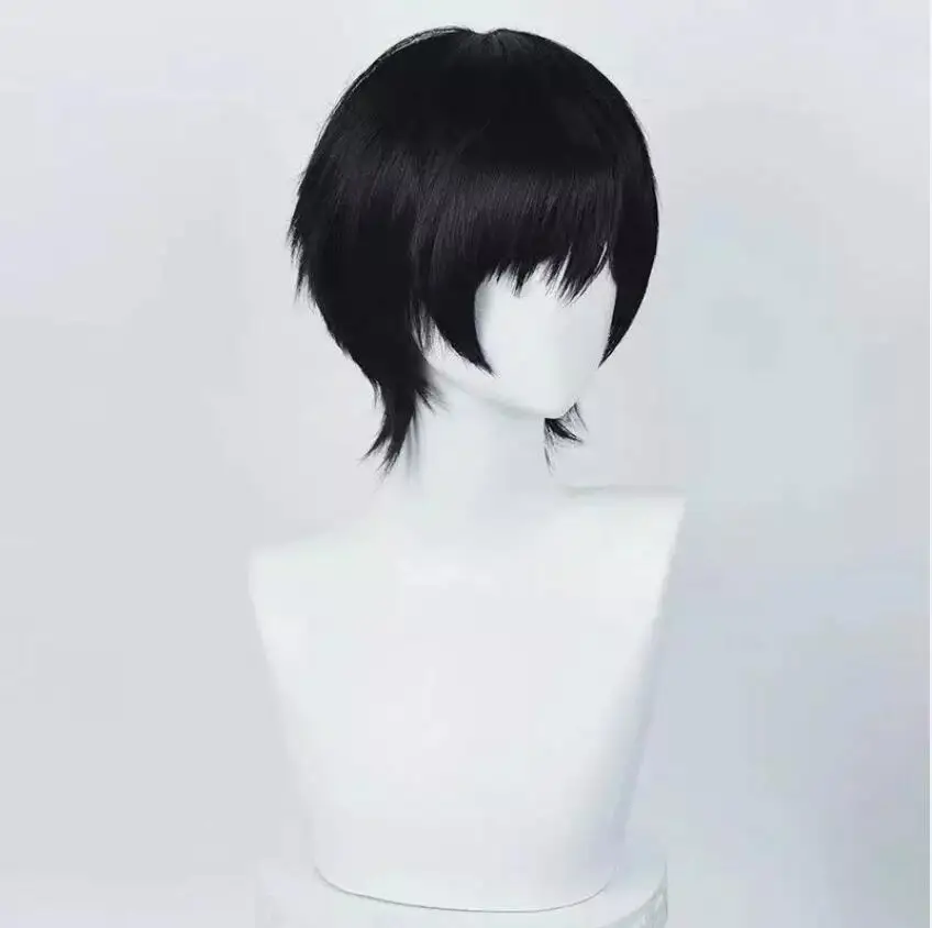 Wig hitam klasik berbulu pendek Anime dengan poni untuk Cosplay karnaval Halloween