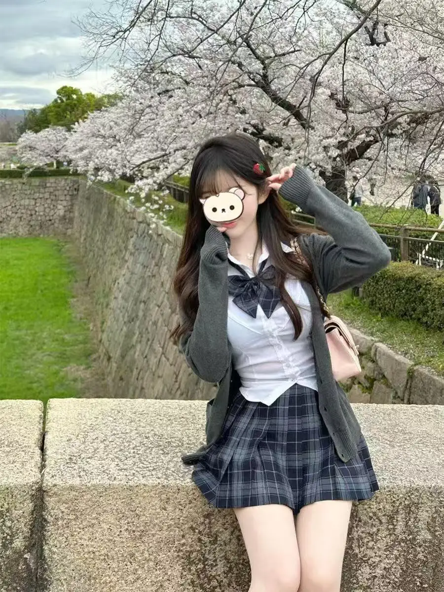 

Slimming JK Uniform Set with Long Sleeve Knitted Shirt And Pleated Skirt White Pure Desire Style Knitted Open Cardigan Coat