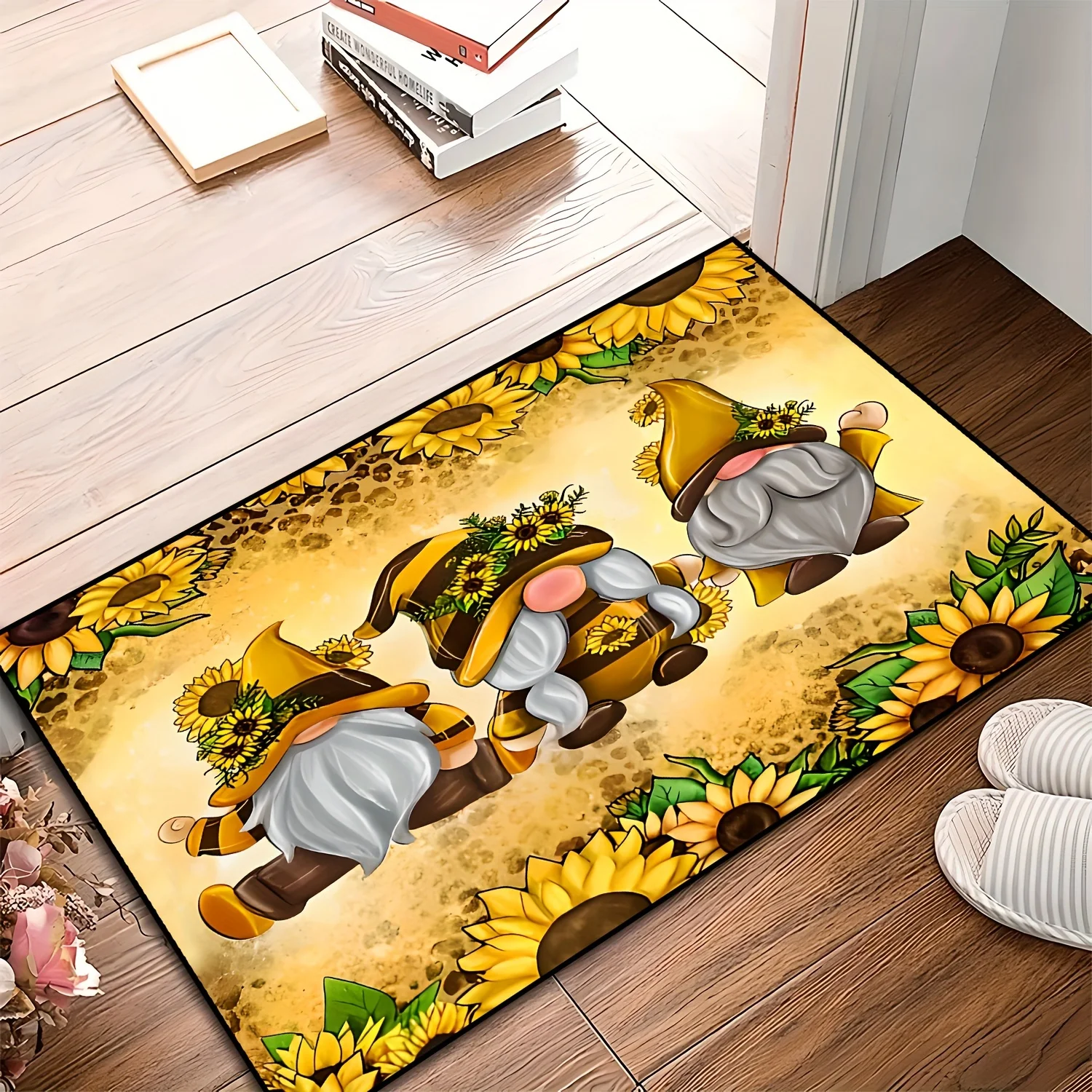 1pc 2D Flat Sunflower Gnomes Walking Line Autumn Harvest Flannel Door Mat Non Slip Garden Theme Rug For Entryway Porch Floor
