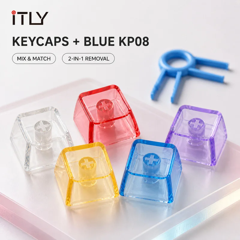 iTLY Square Transparent Keycaps Custom Mechanical Keyboard Replacement Key Cap, Free KP08 Blue Keycap Puller Included