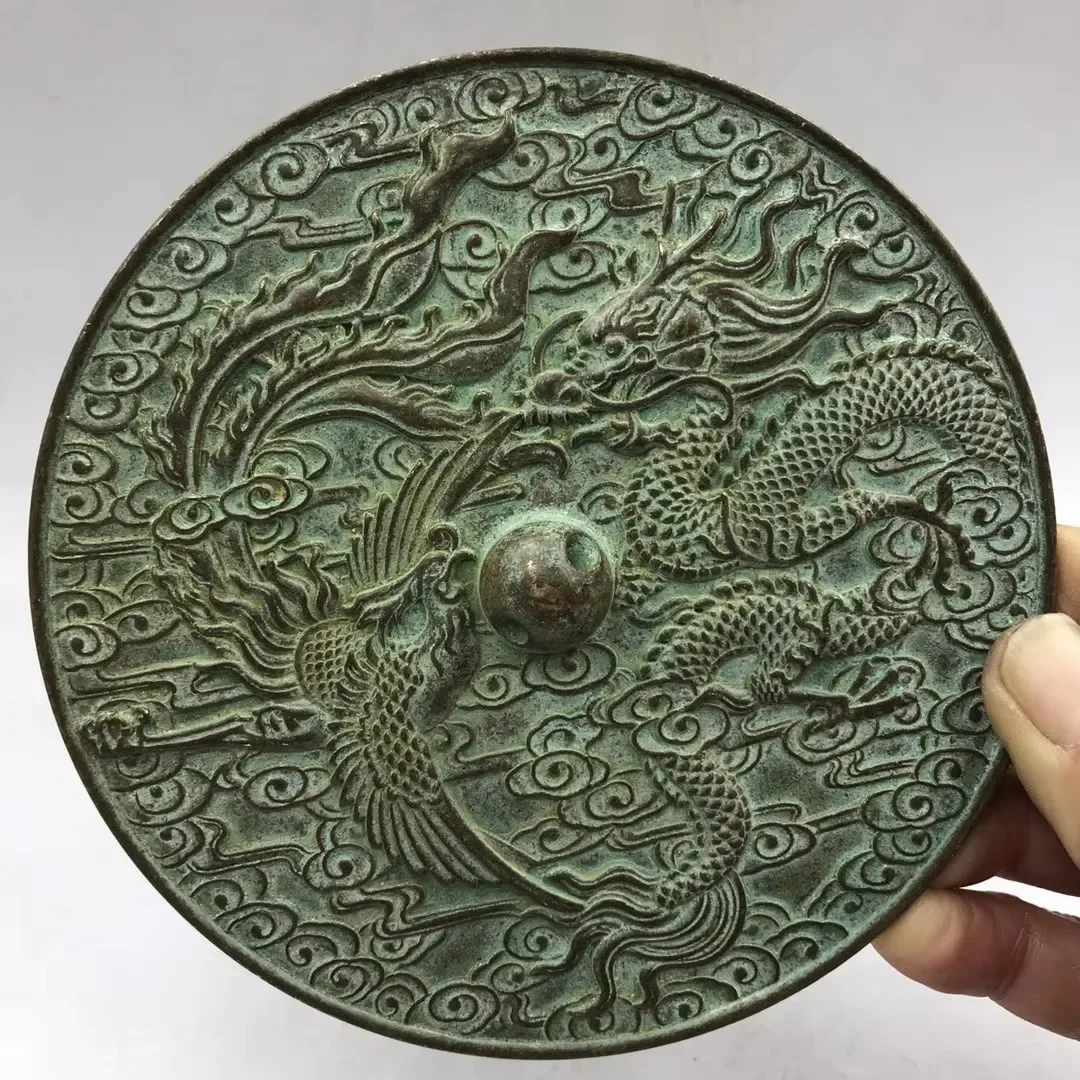 Espejo de bronce antiguo de China de 12,5 cm, diseño de dragón y Fénix, decoración de seguridad fengshui, decoración del hogar, artesanías de metal