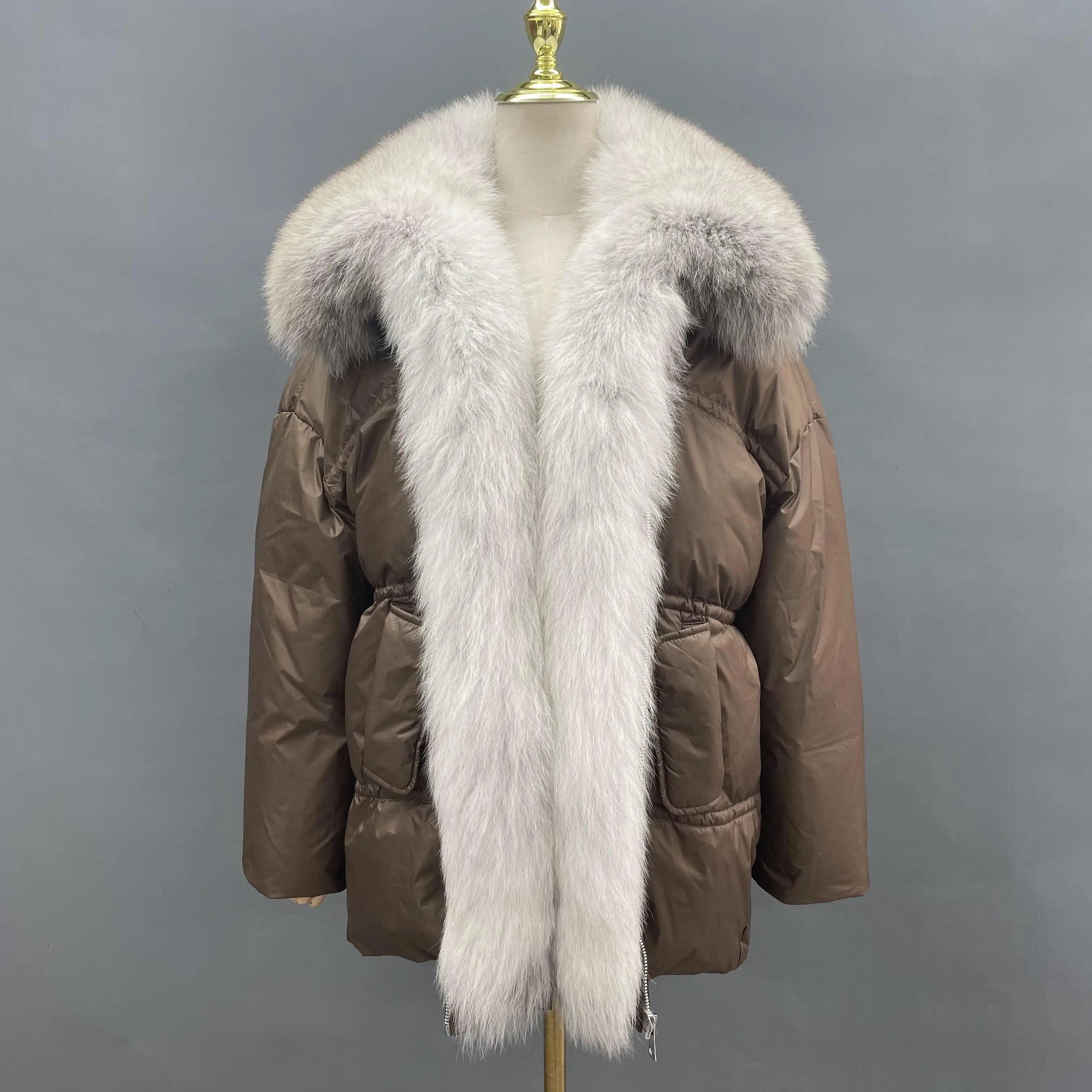 

2023New Winter Down Jacket Women's Goose Down Mid-length Thickened Waist Closed Fur Collar