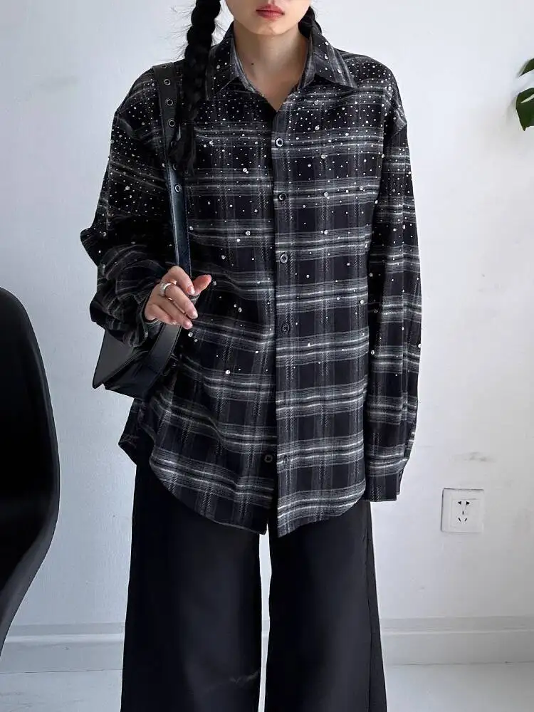 

HUISONG корейская нишевая винтажная рубашка со стразами, свободная повседневная многослойная рубашка в клетку, элитная модная куртка-кардиган, весна-осень