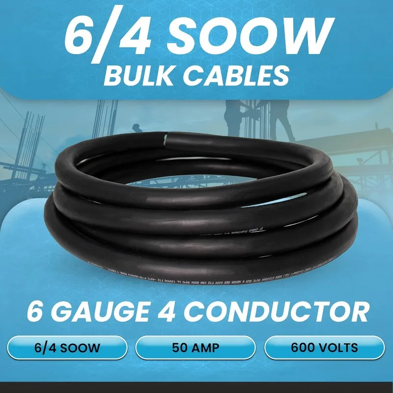 Electric - 6/4 SOOW Bulk Cable 6 Gauge 4 Conductor Rated for 600V, 50A Water & Oil Resistant Cable for Industrial