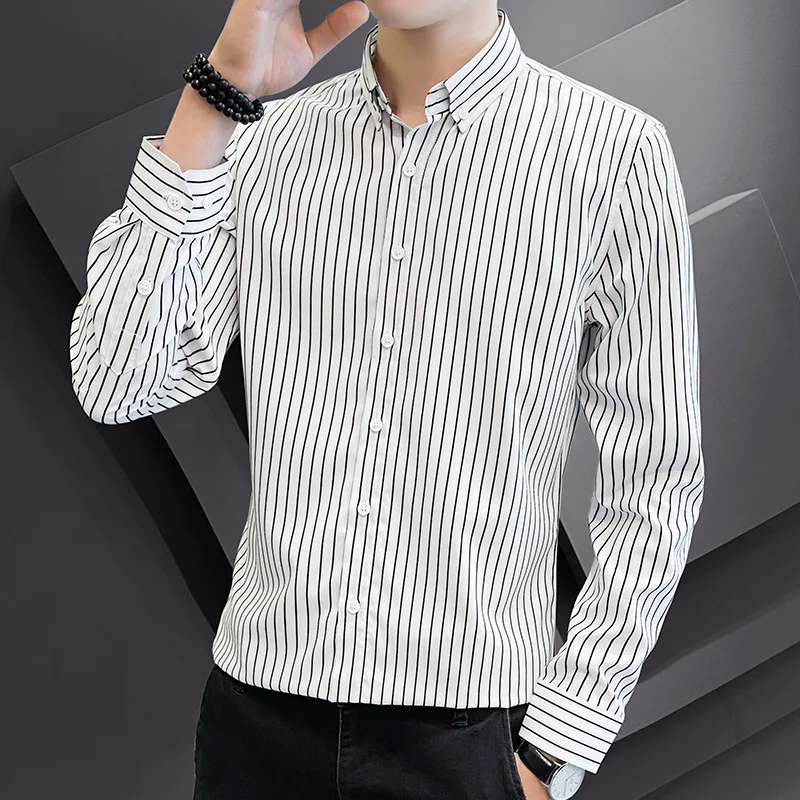 Chemise Blanche Mens Business Casual Manga Longa Camisa Listrada Branca Nova Moda Havaiana Slim Fit Camisas Estampadas Vintage Homens Tops