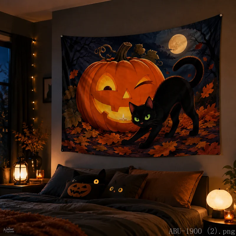 VIKAMA Spooky Fall Tapestry, Halloween Jack-o'-lantern Flame Swirl Maple Leaf Wall Hanging Home Decor