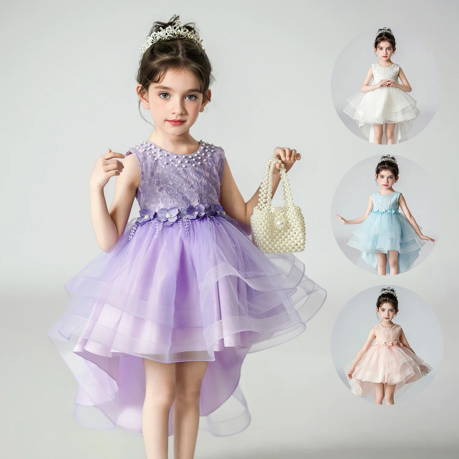 

Girls Trailing Dress 3-10 Years Children Mesh Gauze Classy Dresses Simple Solid Color Event Performance Girl Ball Gown