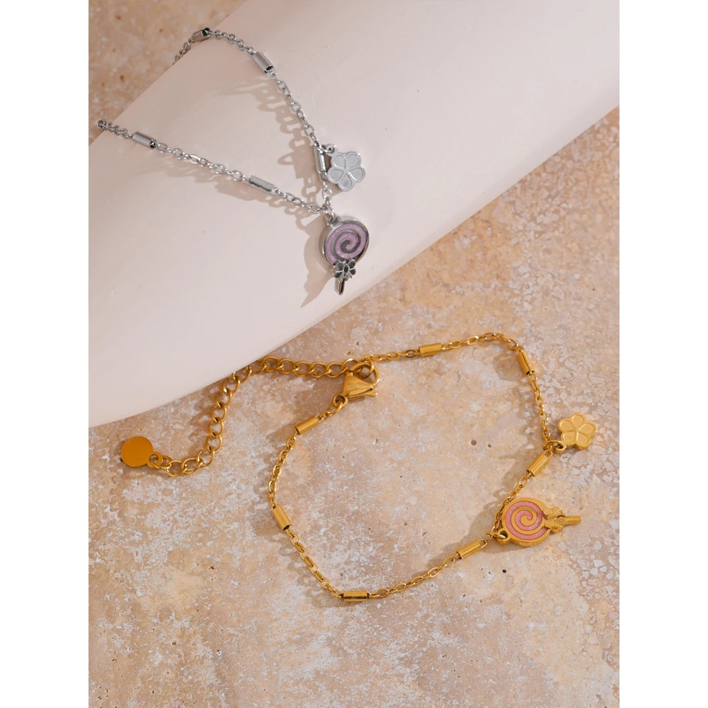 Yhpup Fashion Stainless Steel Enamel Lollipop Flower Drop Golden Bracelet Bangle High Quality Sweet Wrist Jewellery Gift